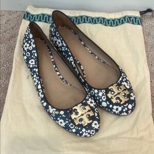 Tory Burch Navy Floral Ballerina Flats with Gold Logo